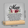 A personalized acrylic keepsake plaque with a wooden base featuring a message for Mom