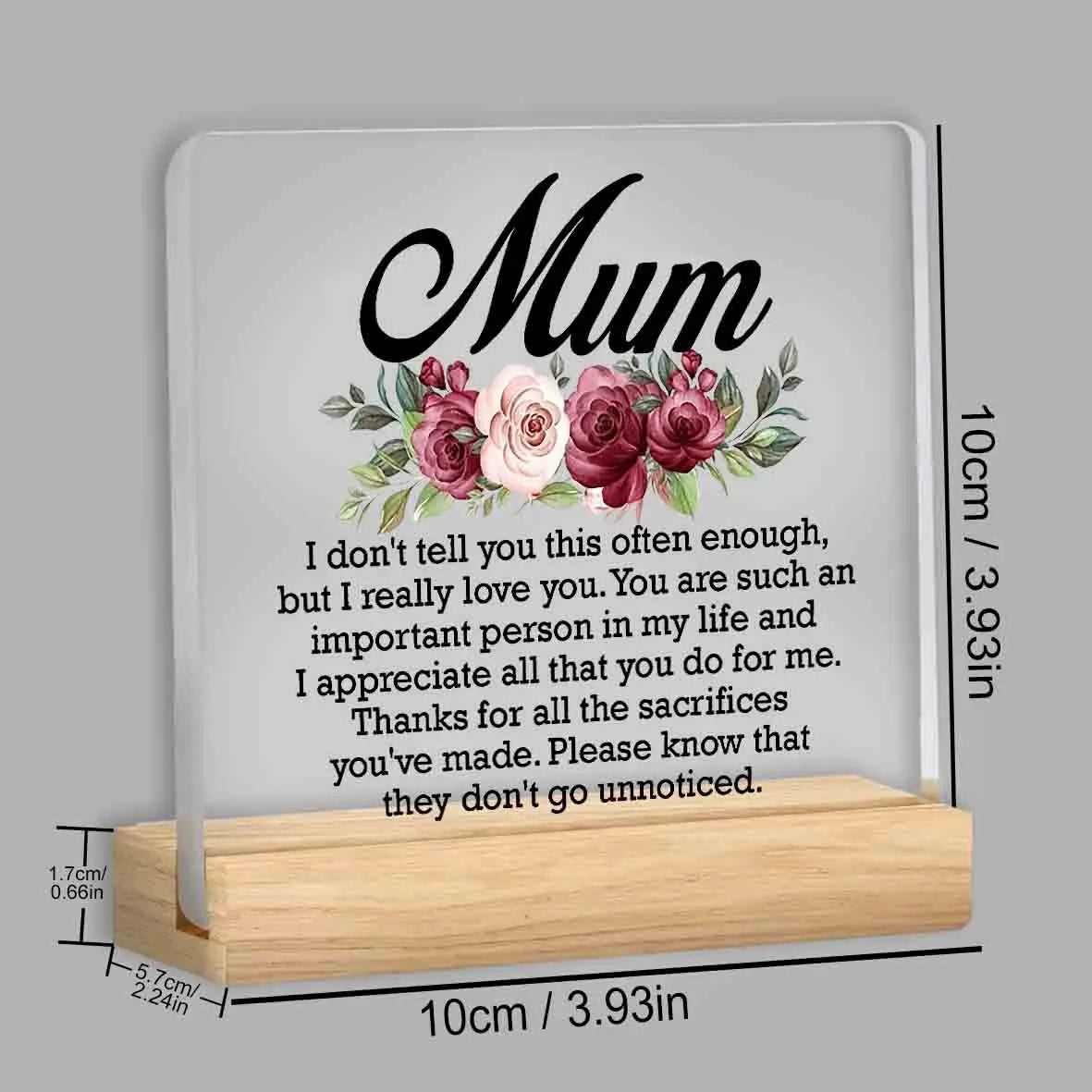 A personalized acrylic keepsake plaque with a wooden base featuring a message for Mom