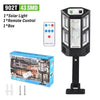 A solar-powered wall lamp security light with a remote control and box shown next to the product.