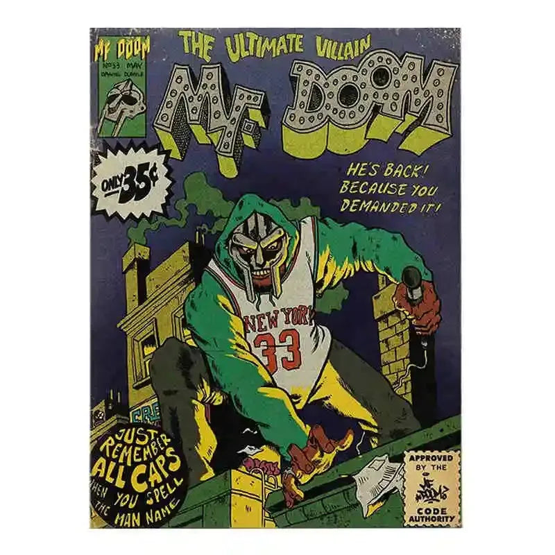 A vintage hip hop canvas art poster featuring the MF DOOM Ultimate Villain artwork on a dark background.