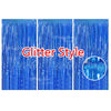 Three vertical panels of blue glitter metallic foil fringe curtains for party backdrop decor