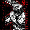 A stylized, monochrome illustration of Denji from Chainsaw Man, featuring sharp teeth and a distressed look.