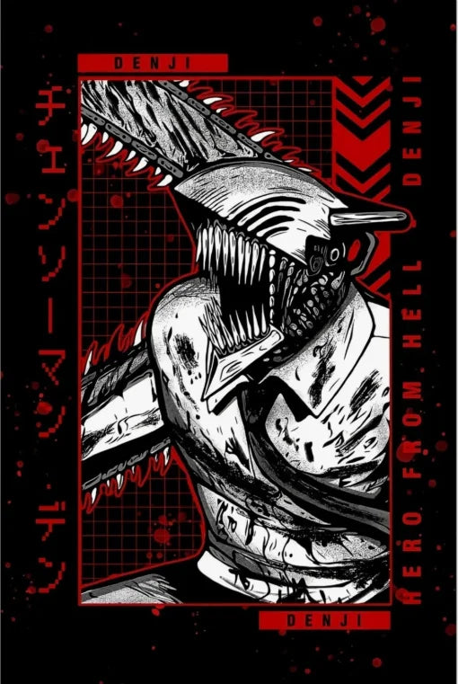 A stylized, monochrome illustration of Denji from Chainsaw Man, featuring sharp teeth and a distressed look.