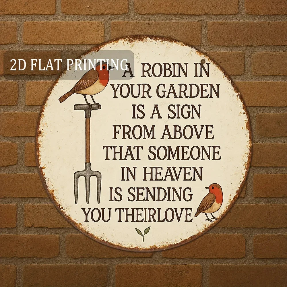 Señal de jardín de aluminio rústico con un petirrojo y texto sobre el cielo enviando amor.