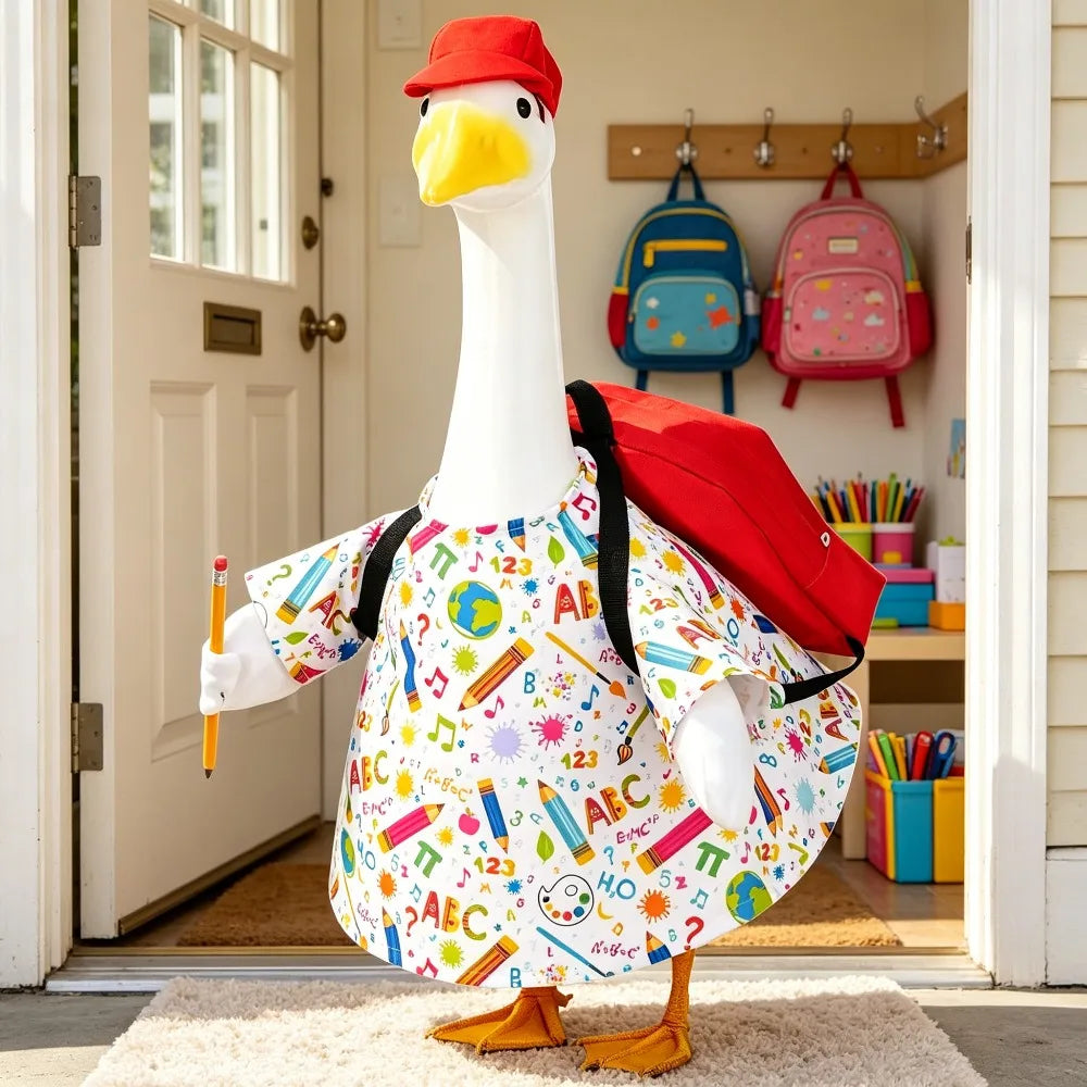 A white goose statue wearing a colorful patterned apron and orange feet stands in a doorway.
