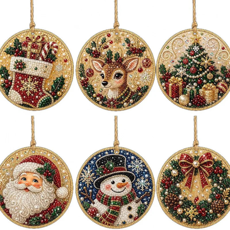 Diamond painting ornament kit featuring Santa, a snowman, and a reindeer pendant set.