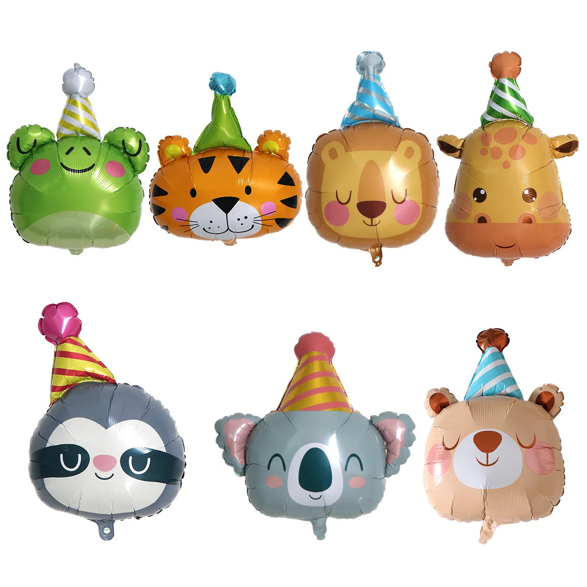 A collection of foil balloons shaped like various jungle animals including a lion, a monkey, and a elephant.