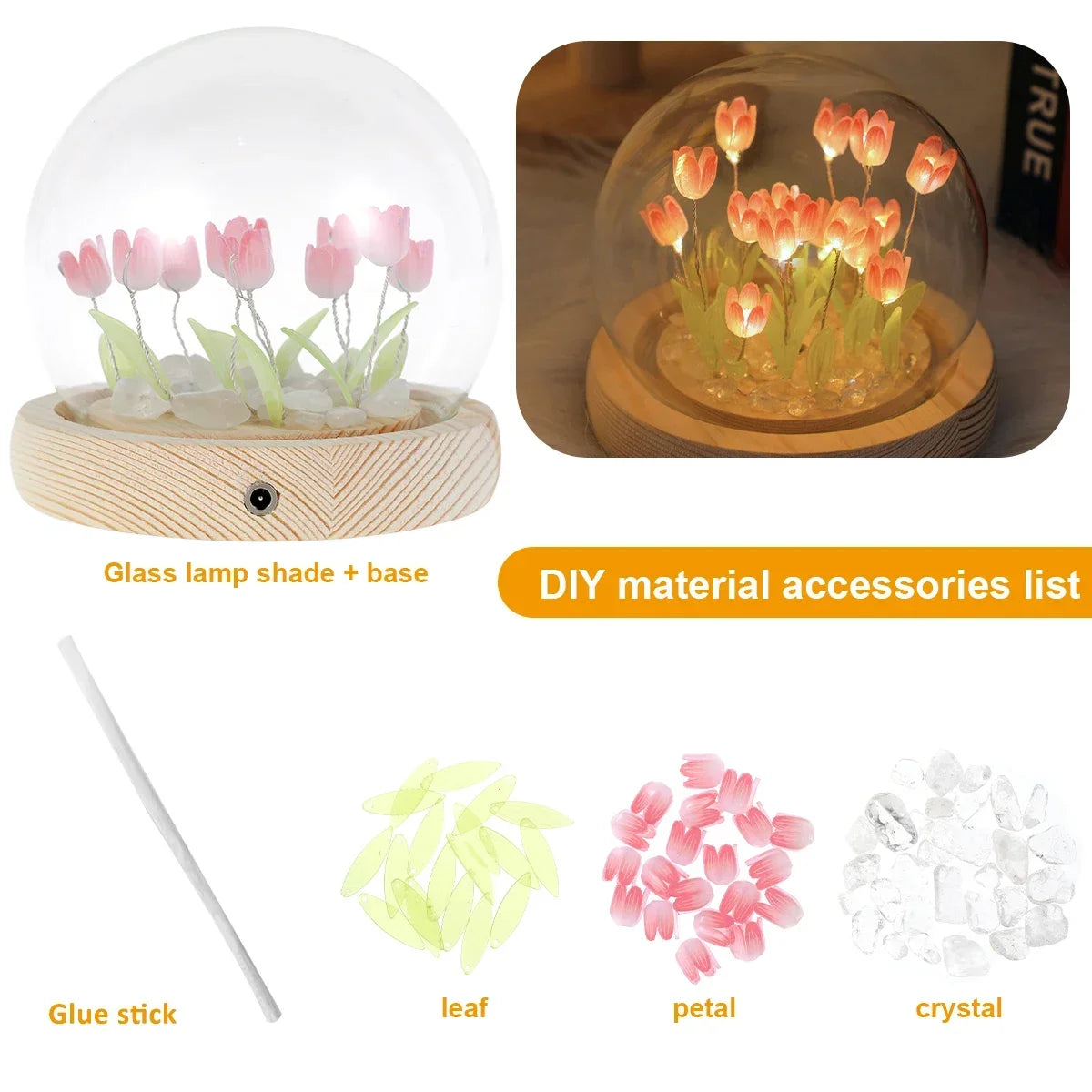 Handmade LED Tulip Night Light featuring a glass lamp shade and base with dried flower petals and crystals