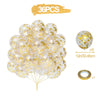 A bunch of 36 clear balloons filled with gold metallic pearls and confetti accents, including a balloon string.