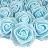 A close-up view of many light blue artificial foam rose decorations.
