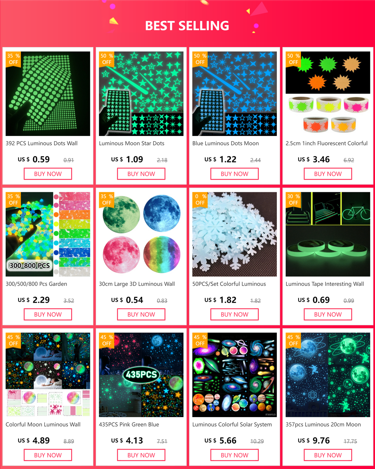 A collection of glow-in-the-dark star and moon wall stickers in various colors and sizes.