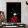A dark poster featuring a red spider lily with white petals and sparks against a black background.