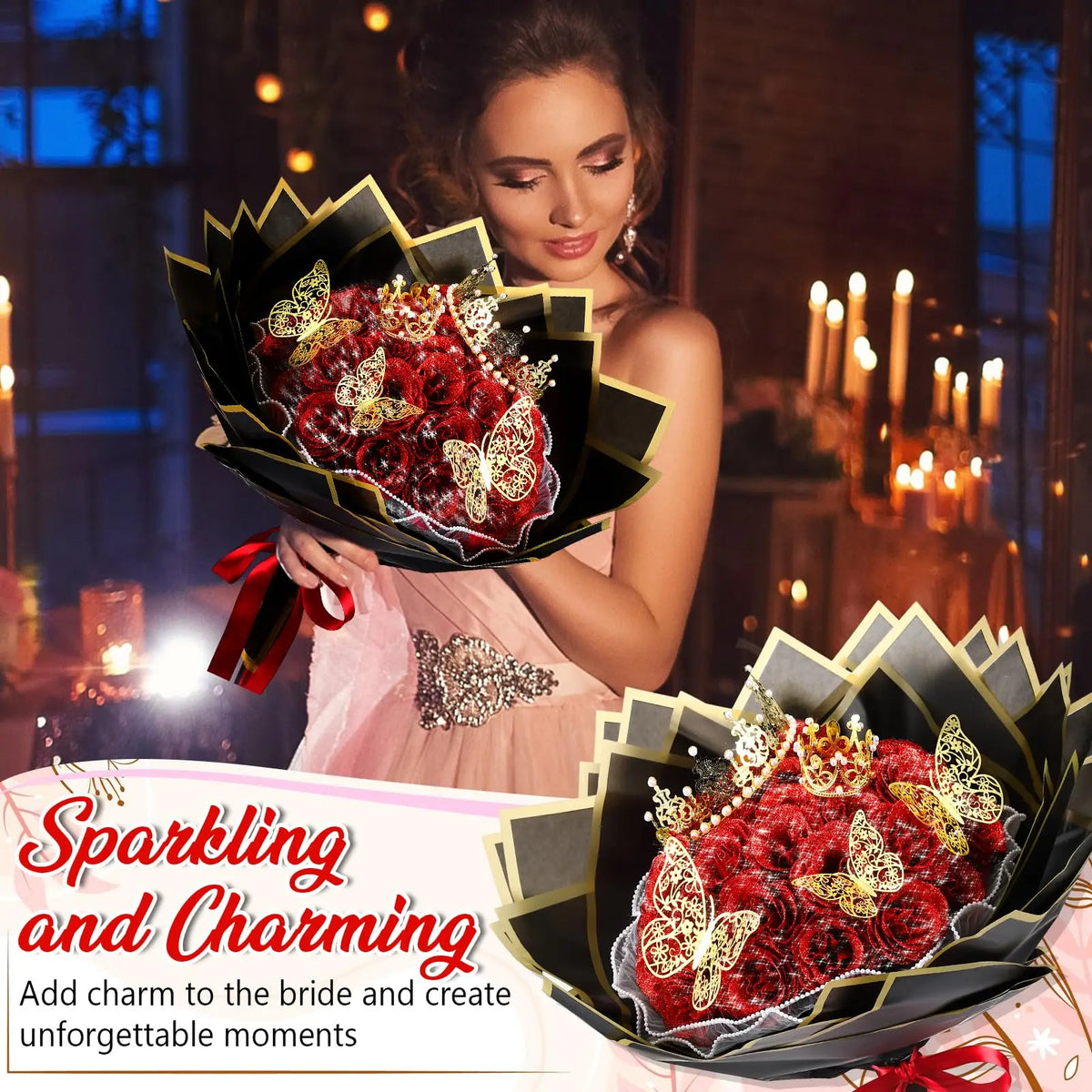 A woman holds a bouquet of red roses with gold glitter accents in an ornate black and gold presentation box.