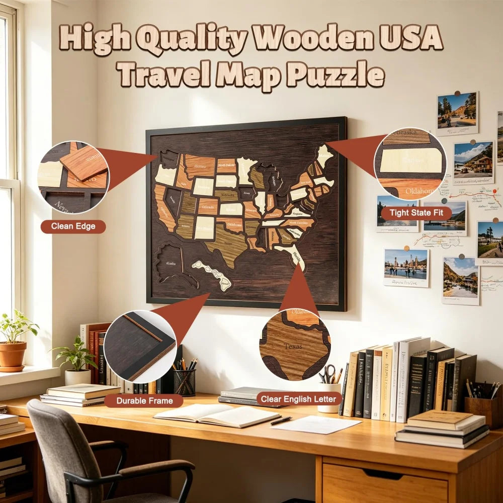 A framed puzzle of the USA map made from wood pieces, displayed on a wooden desk.