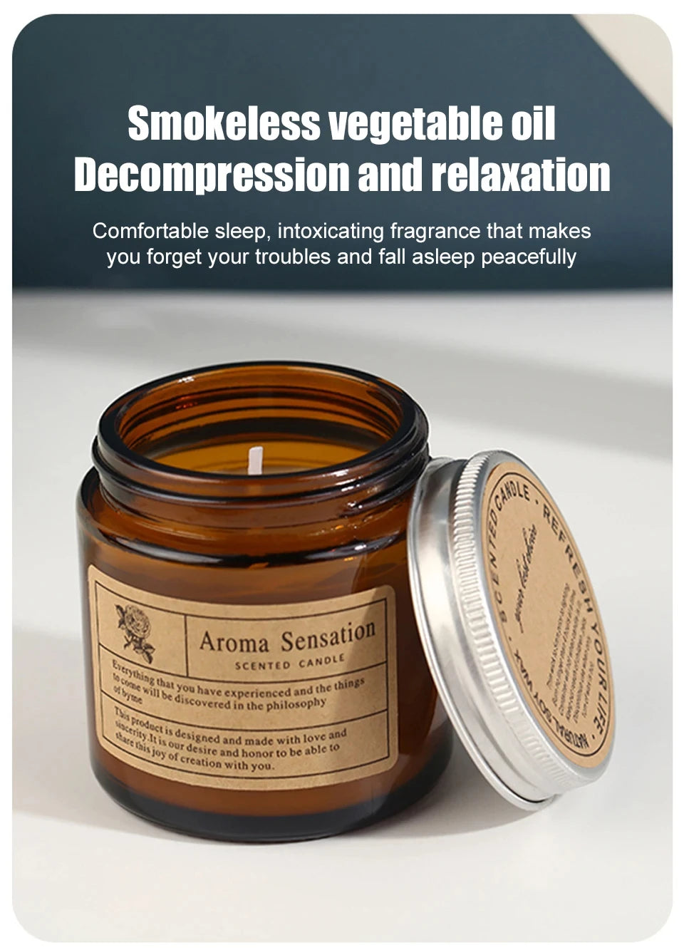 A dark amber jar of Aroma Sensation scented candle with a silver lid, set against a light background.