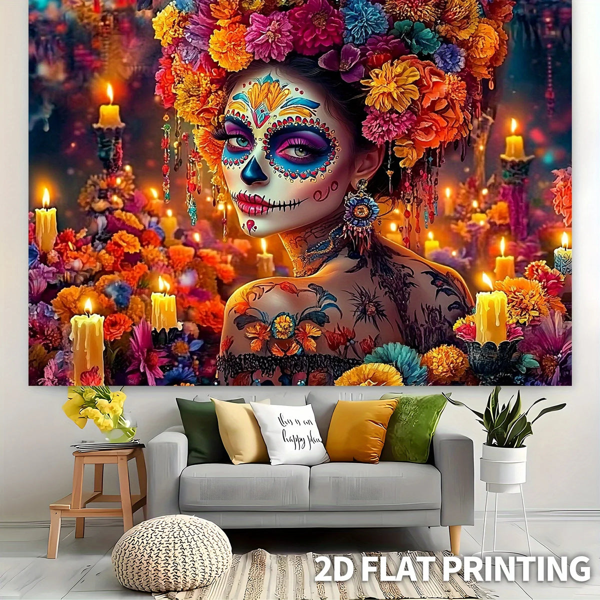 A vibrant painting of a woman with a sugar skull face adorned with colorful flowers and intricate details.