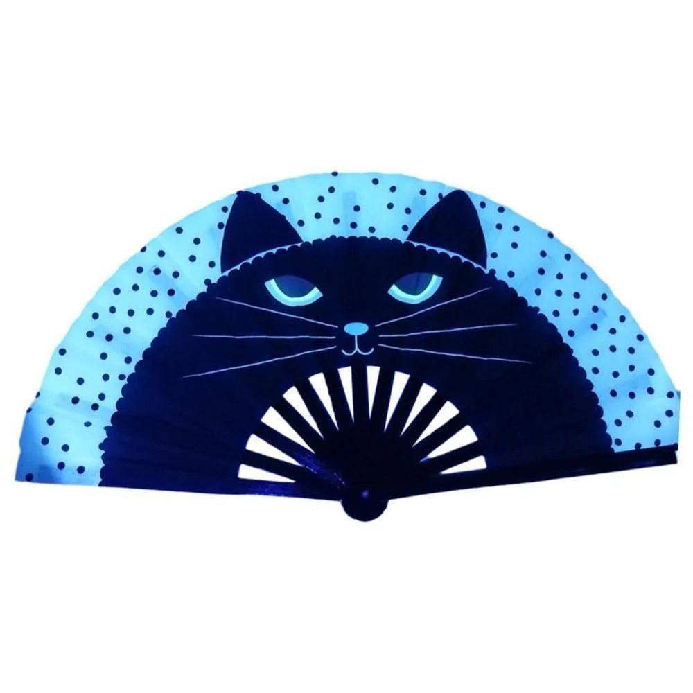 A handheld folding fan shaped like a black cat with glowing blue eyes and a white fan pattern.