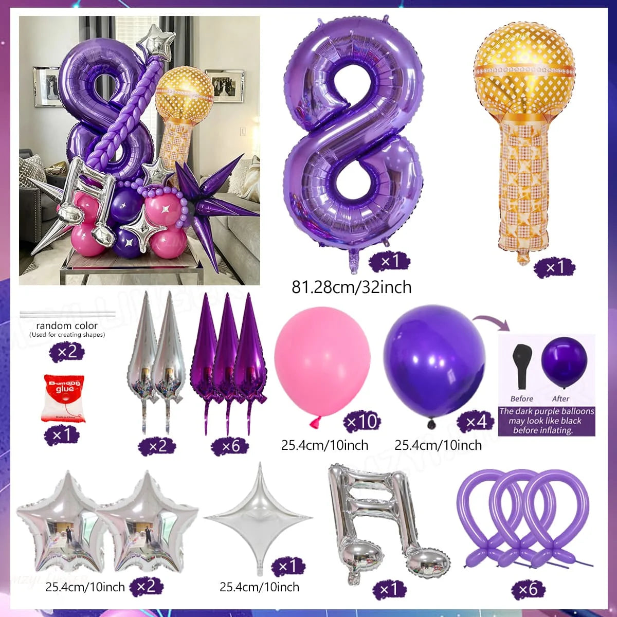 A set of purple and gold balloons including an eight balloon, decorative stars, and various shaped balloons for decoration