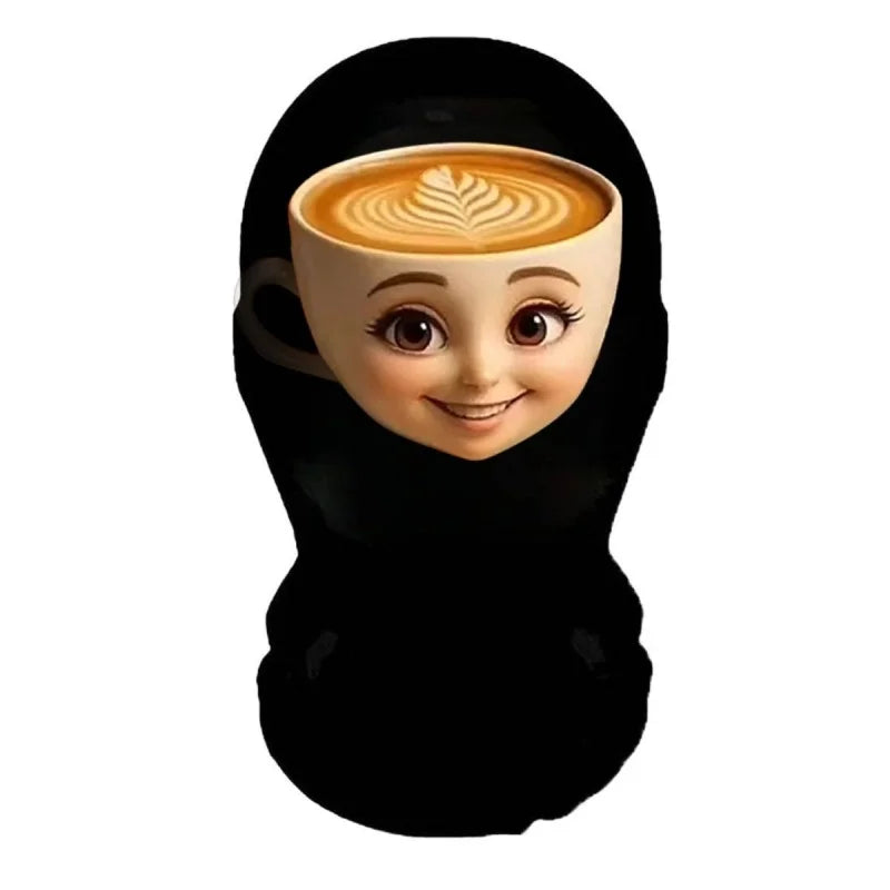 A funny full-face PU mask resembling a smiling face with a coffee cup design.