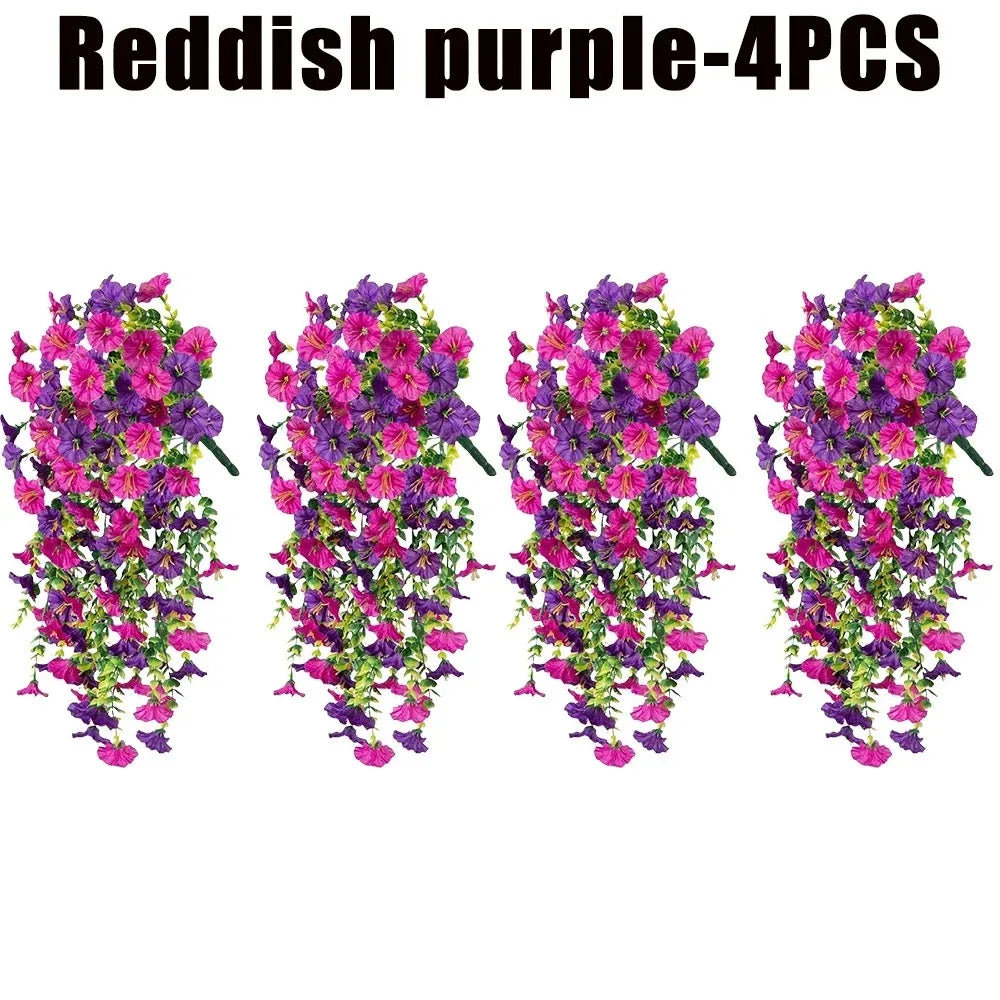 Four bunches of reddish purple artificial morning glory hanging vines for decoration
