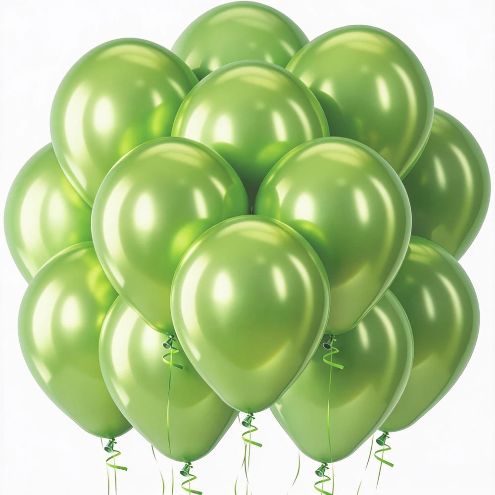 A cluster of sage green latex balloons floating against a white background.