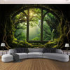 A window view of a lush, overgrown forest framed by dark branches and foliage.