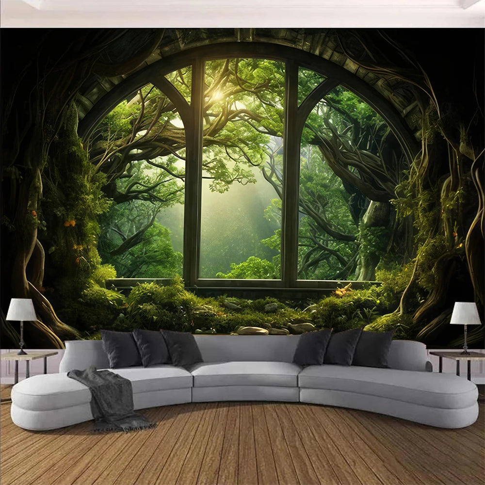 A window view of a lush, overgrown forest framed by dark branches and foliage.