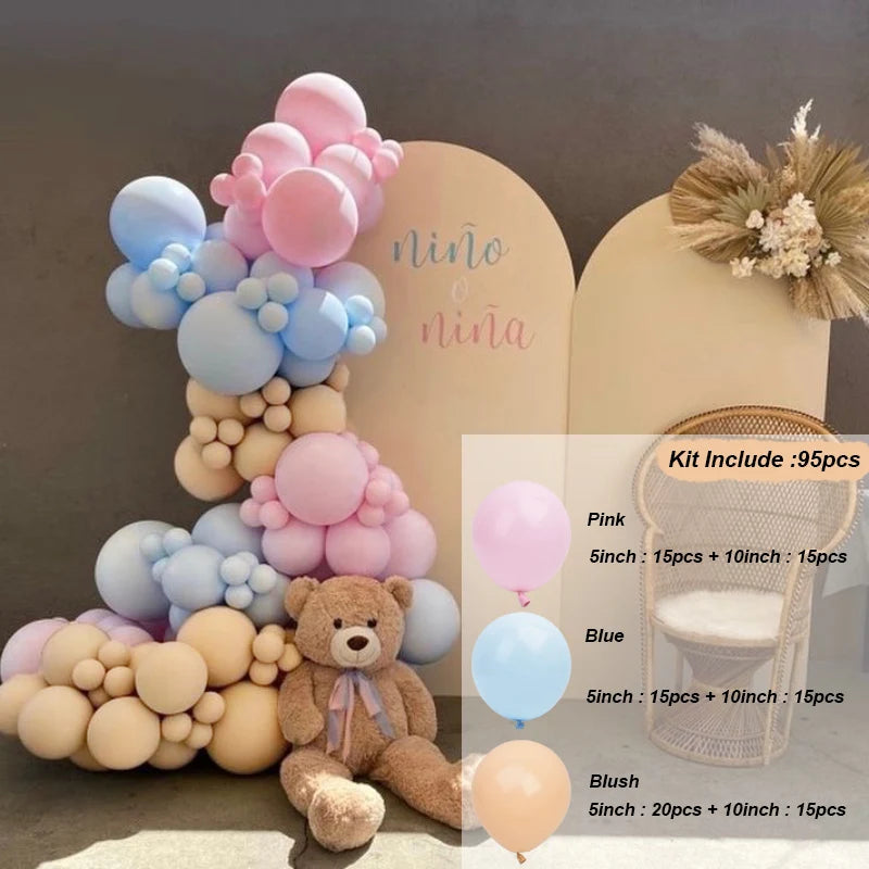 A kit including 95 balloons in pink, blue, and blush colors with a teddy bear decoration.