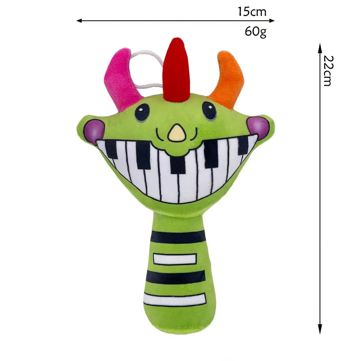 A green plush toy shaped like a monster with pink horns and a wide, toothy grin.