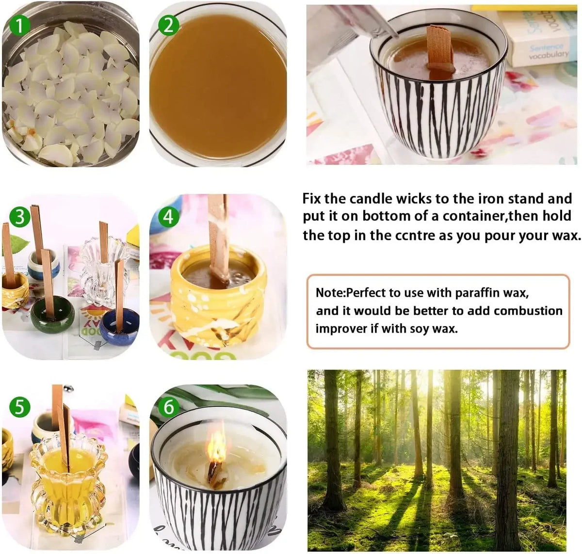 Un ensemble de bougies en cire de soja faites à la main dans des contenants décoratifs avec des mèches en bois, montrées avec