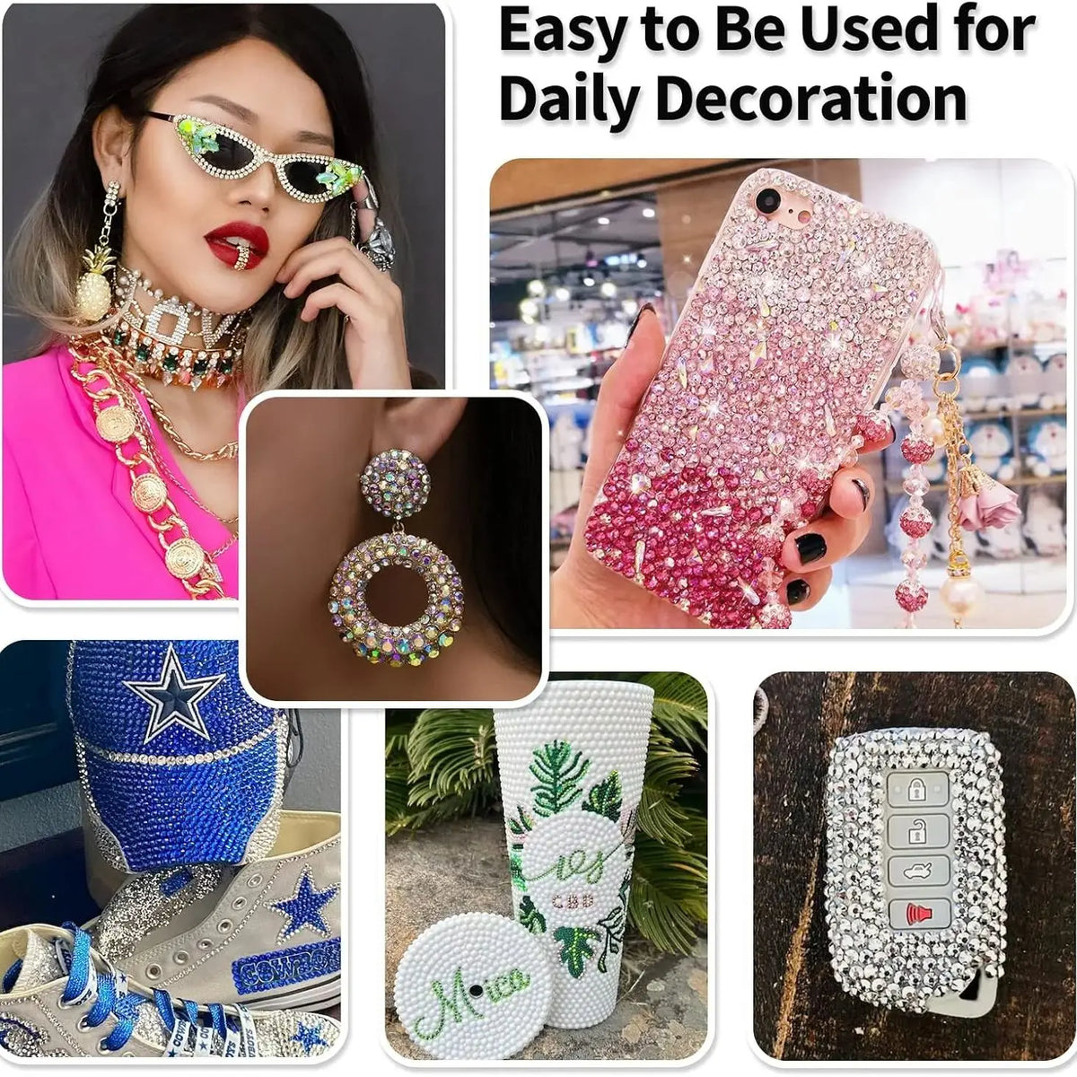 A collection of pink and silver resin flatback rhinestones used for daily decoration, including a phone case and jewelry.