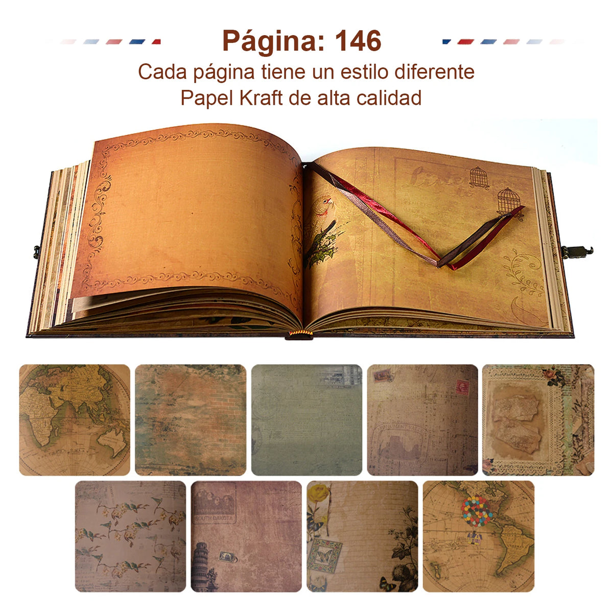 An open page from a vintage DIY scrapbook photo album showing textured, aged paper pages.