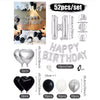 A set of black and white balloons and a silver birthday banner for party decoration.