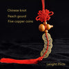 Red silk thread pendant featuring a Chinese knot, peach gourd, and five antique copper coins.
