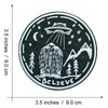 Black embroidered patch featuring a silhouette of Bigfoot with a halo and stars on a circular design.