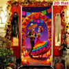 A vibrant decorative banner featuring a colorful scene with a man and woman in traditional Mexican attire surrounded by flora
