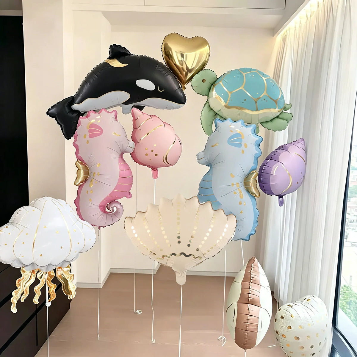 Ocean-Themed Foil Balloon Set with Starfish, Shells & Jellyfish