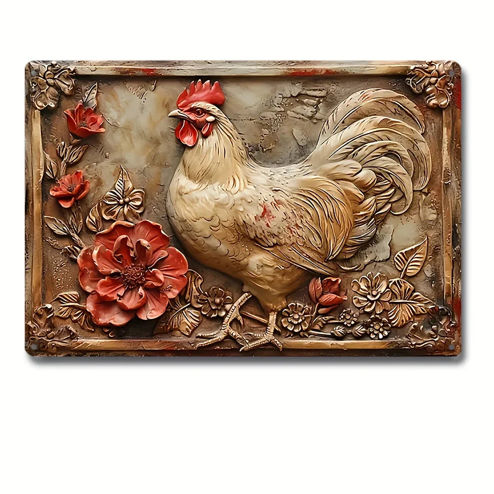 Vintage-Bauernhofhühner-Metall-Dekoration mit naturalistischer Darstellung einer Hen umgeben von Blumen und Natur