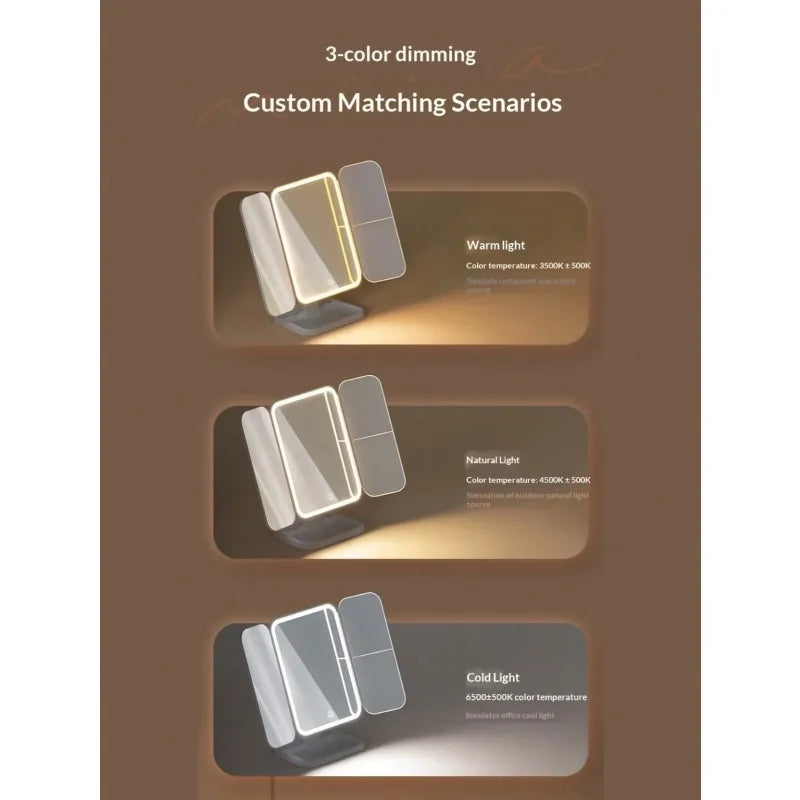 Three scenarios showing warm, natural, and cold light dimming on a tri-fold LED makeup mirror.