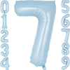 A large light blue foil number balloon shaped like the number 7.