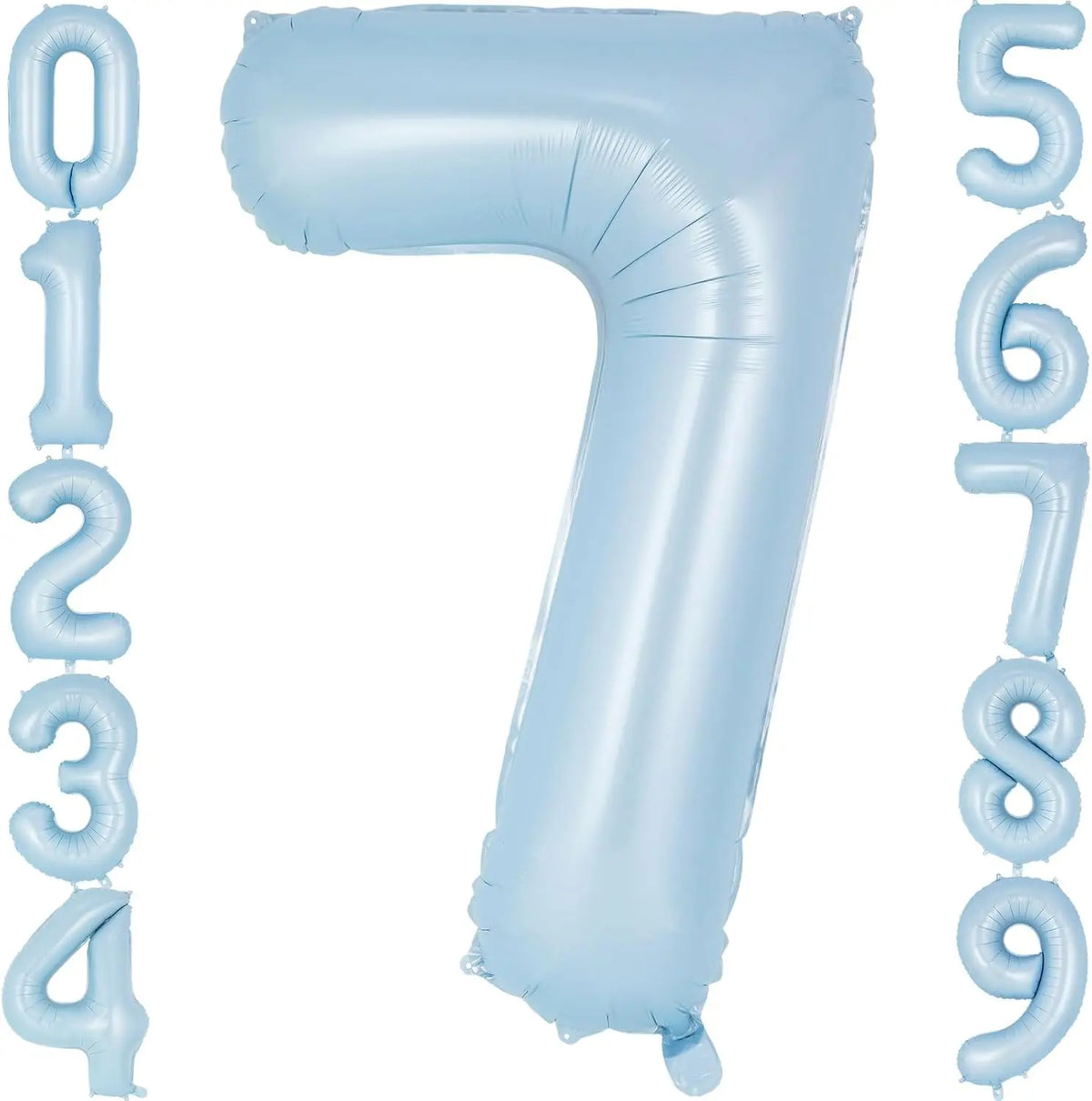 A large light blue foil number balloon shaped like the number 7.