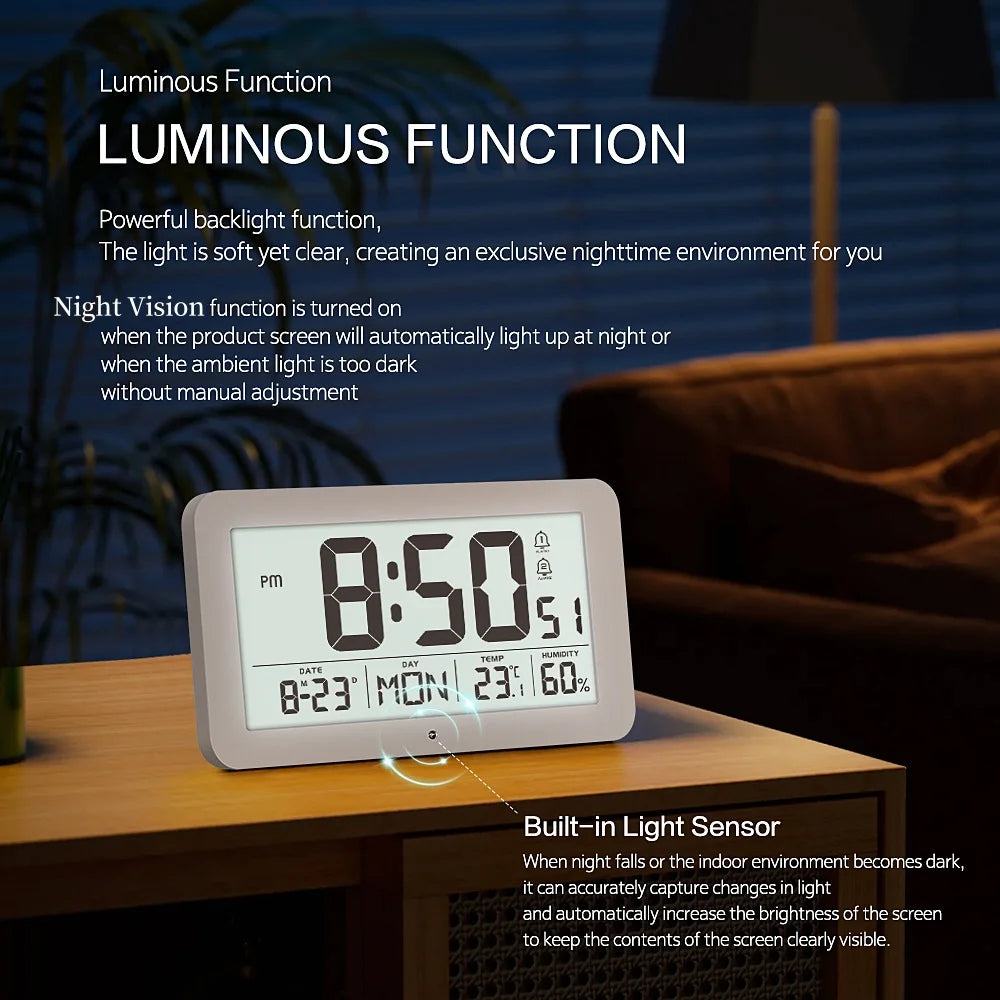 A digital clock displaying 8:50 PM with temperature and humidity, sitting on a wooden table.