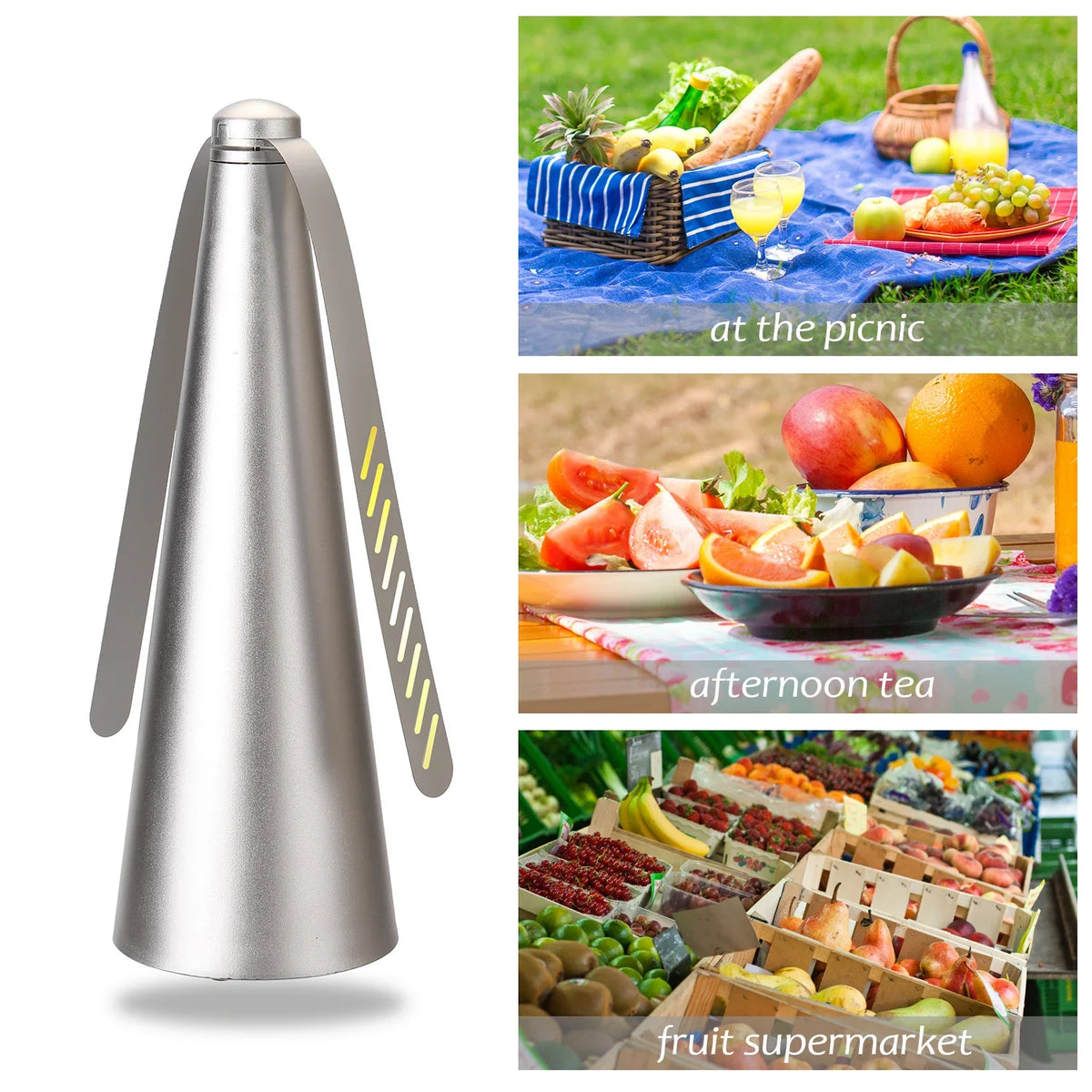 Silver automatic electric fly repellent fan shown in various outdoor and market contexts.