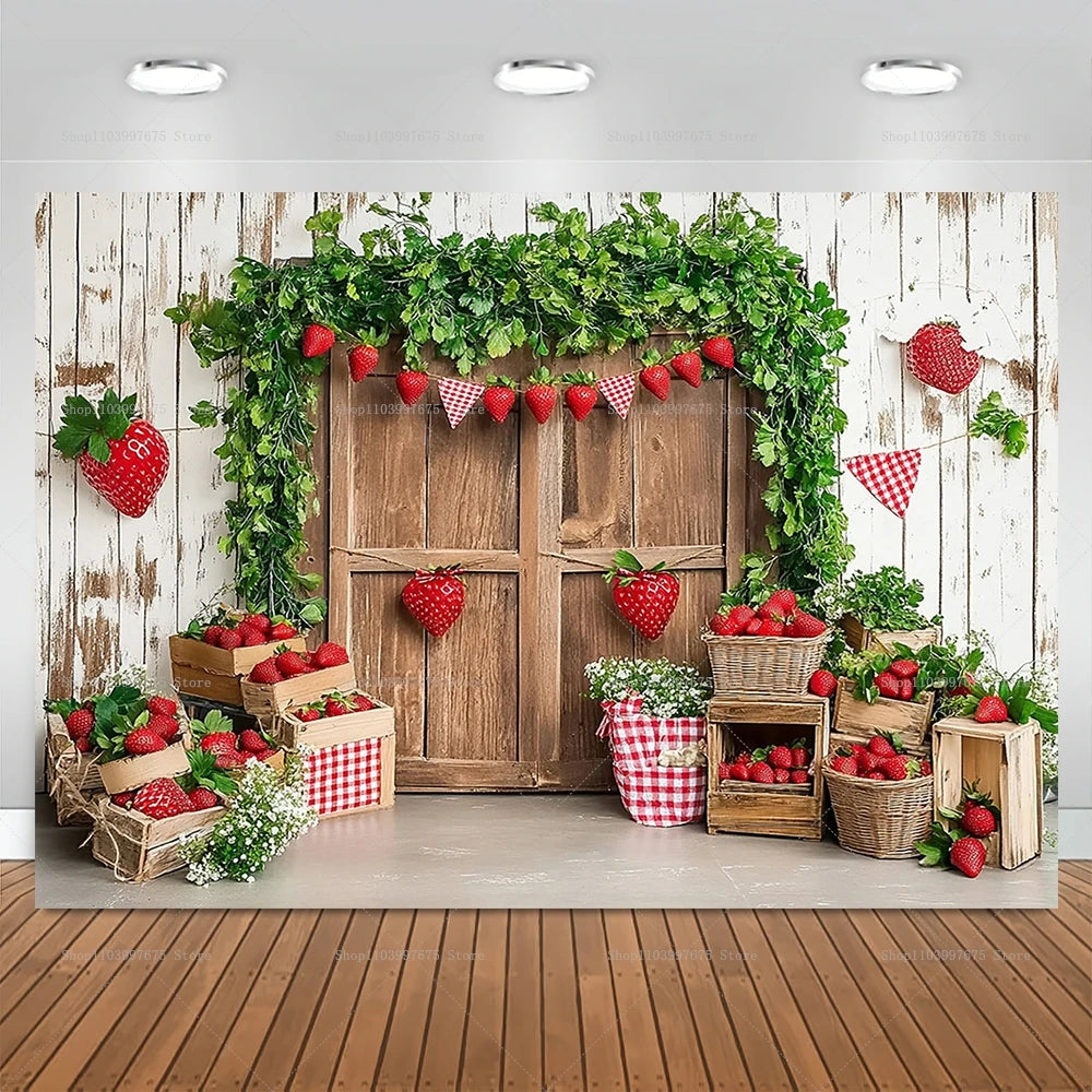 Rustischer Holz-Hintergrund mit grünen Ranken und roten Erdbeeren für eine Erdbeer-Party.