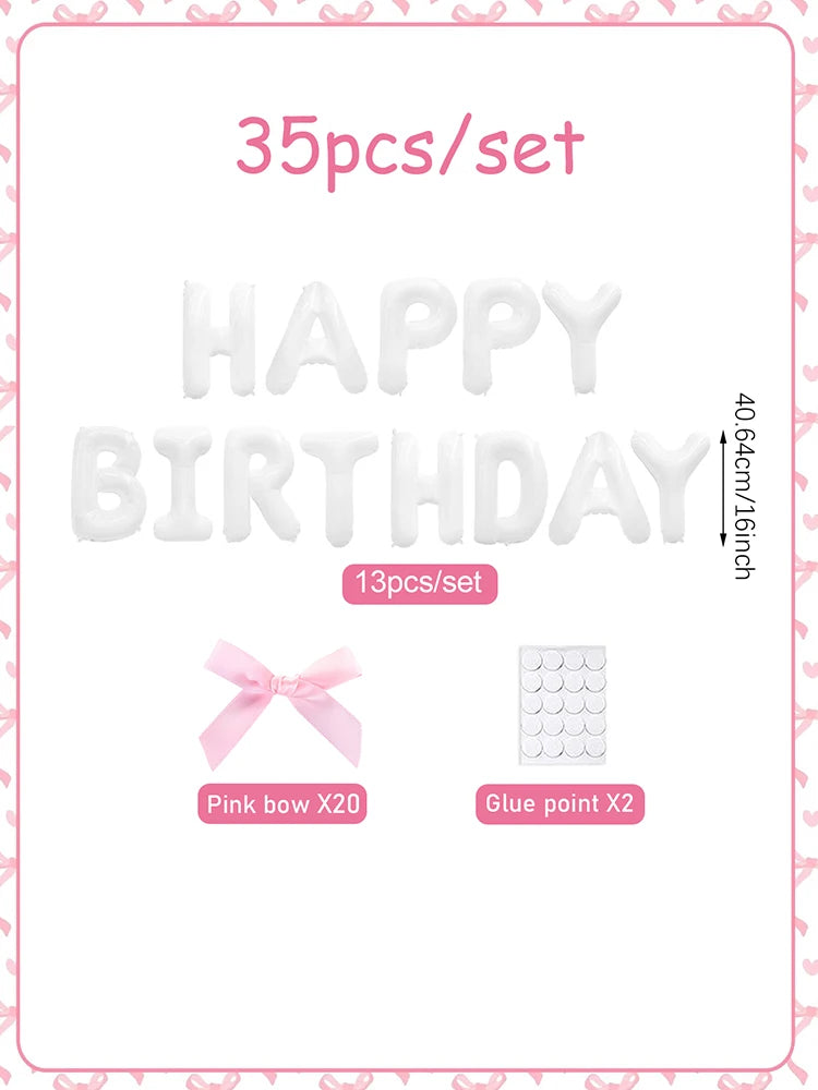 A set of 35 pieces for a happy birthday banner including letters, bows, and glue points.
