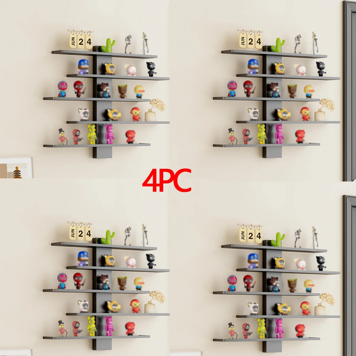 Four sets of floating wall shelves displaying various small figurines and decorative items.