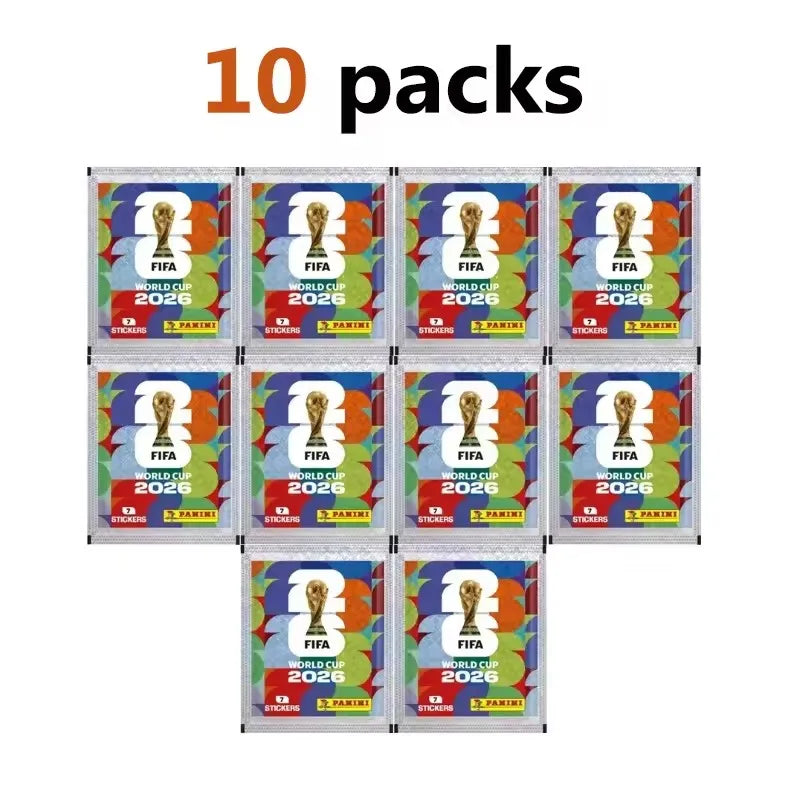 Ten packs of Panini 2026 FIFA World Cup official stickers displayed in a grid format.