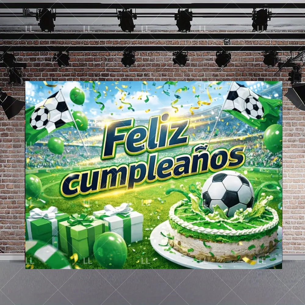 A vibrant soccer field party backdrop featuring a birthday cake, green and white soccer balls, and confetti against a bright 