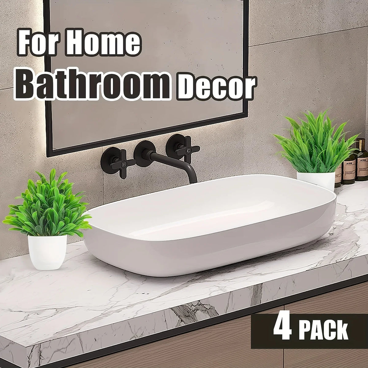 A set of four mini artificial bonsai plants in white pots displayed for home bathroom decor.