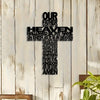 Black metal cross wall art featuring the text Our Father in Heaven and a prayer.